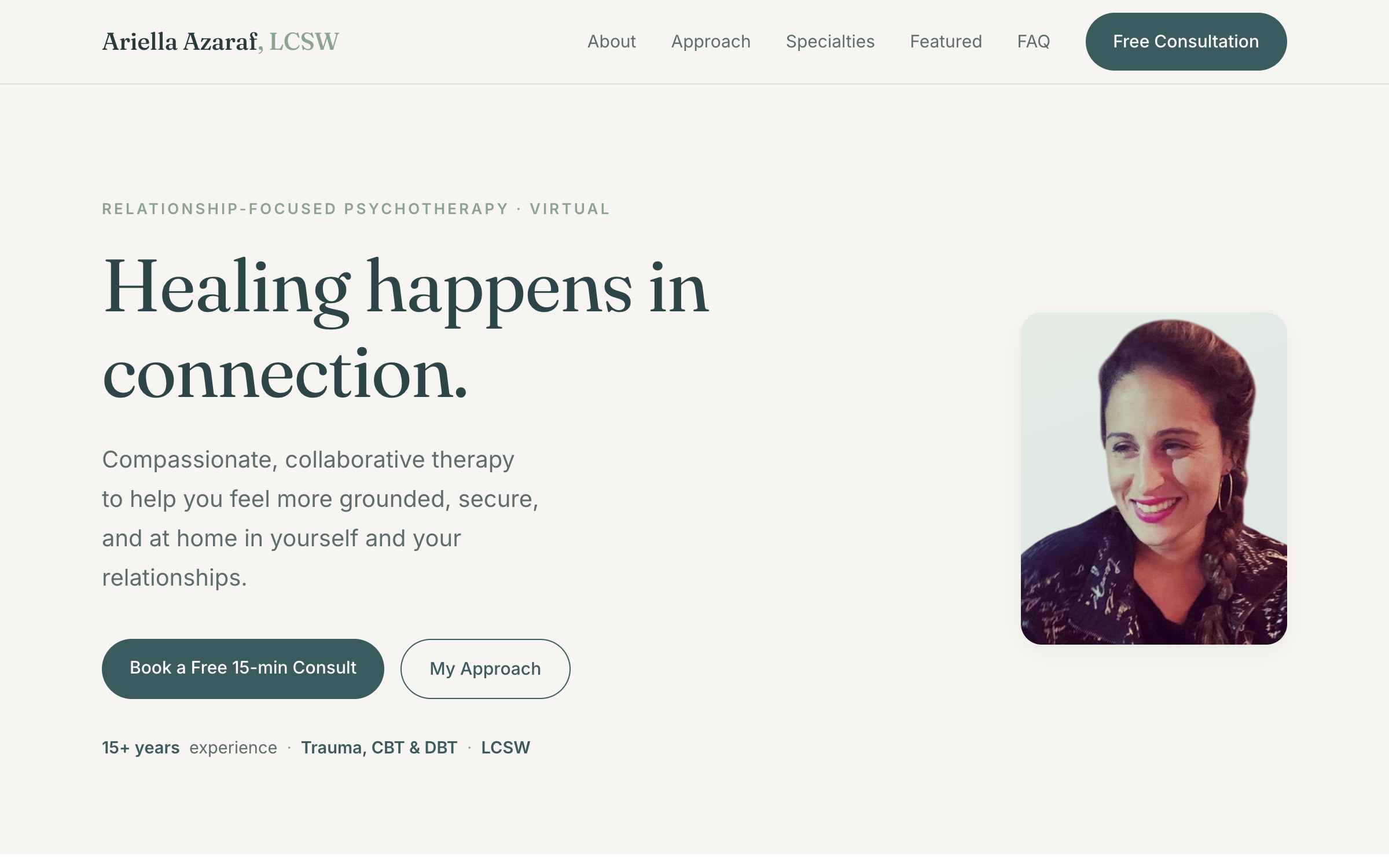 Ariella Azaraf LCSW's site as rebuilt: a headline reading "Healing happens in connection" with a Book a Free 15-min Consult button.