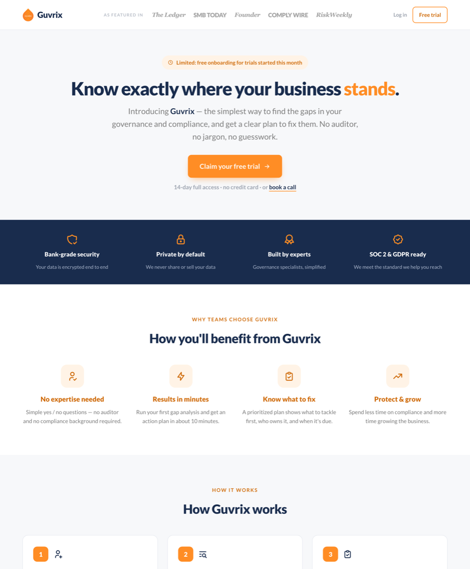 After: the redesigned homepage concept for Guvrix, with a benefit-led hero headline and a single repeated call to action.
